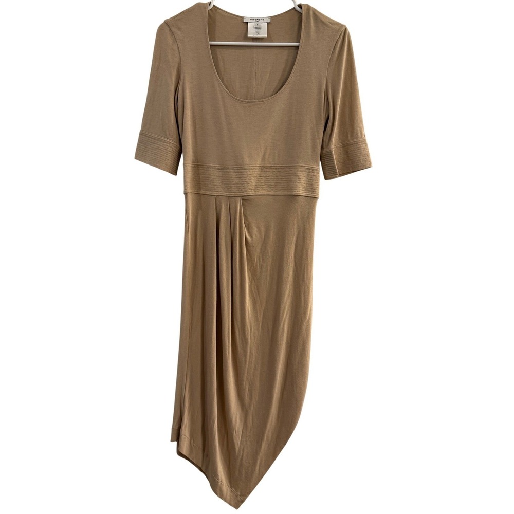 Givenchy Paris Tan Asymmetrical Draped Hem Short Sleeve Dress Small S